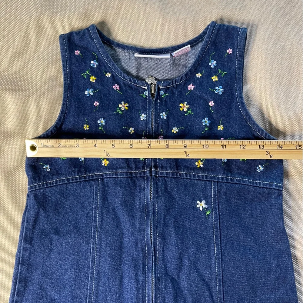 Vintage Girls Denim Romper Overalls Jumper L/14 Badge Floral Embroidered 90s